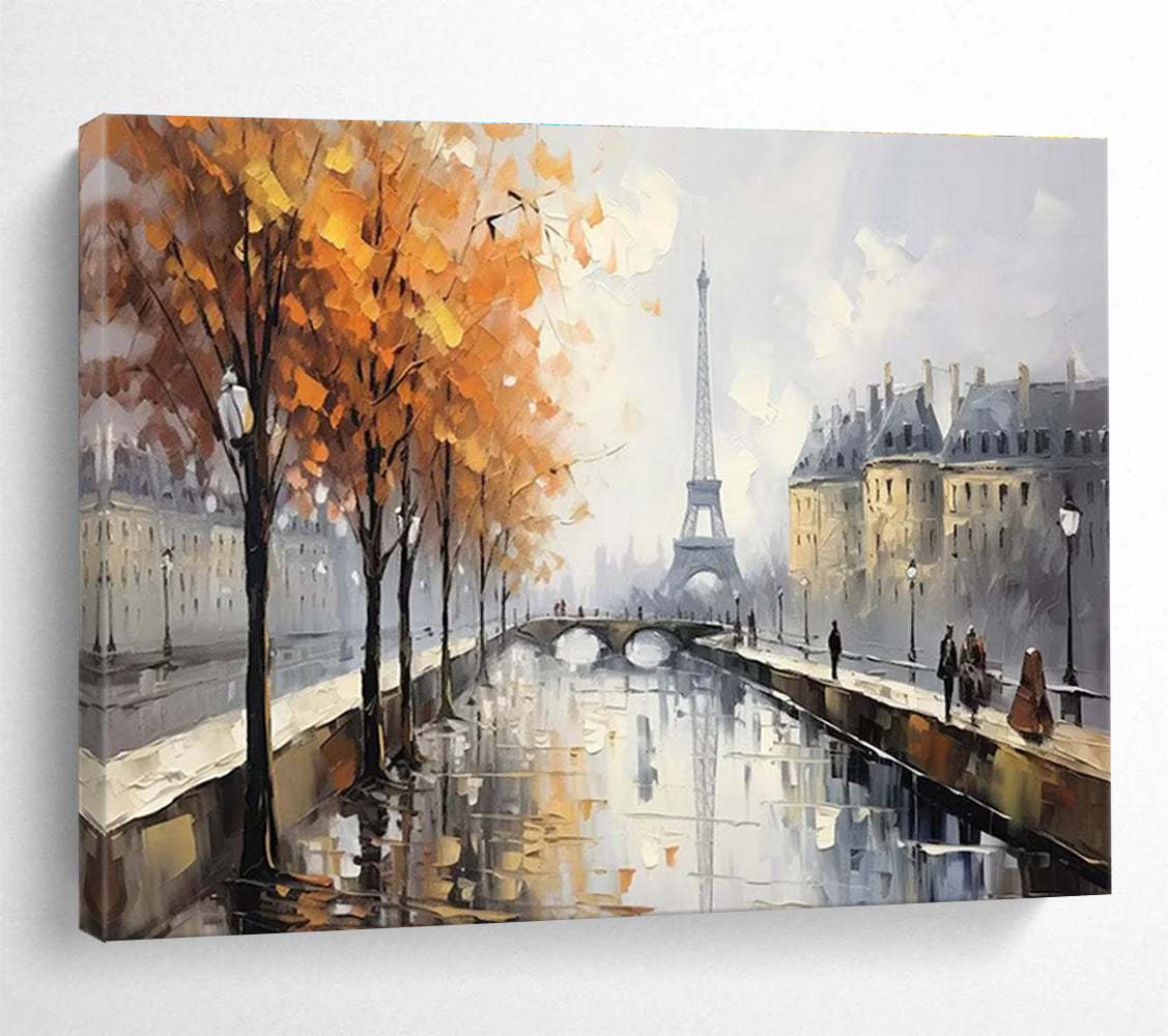 Paris Autumn Scene Abstract Painting with Orange, Grey, and White Tones THY171