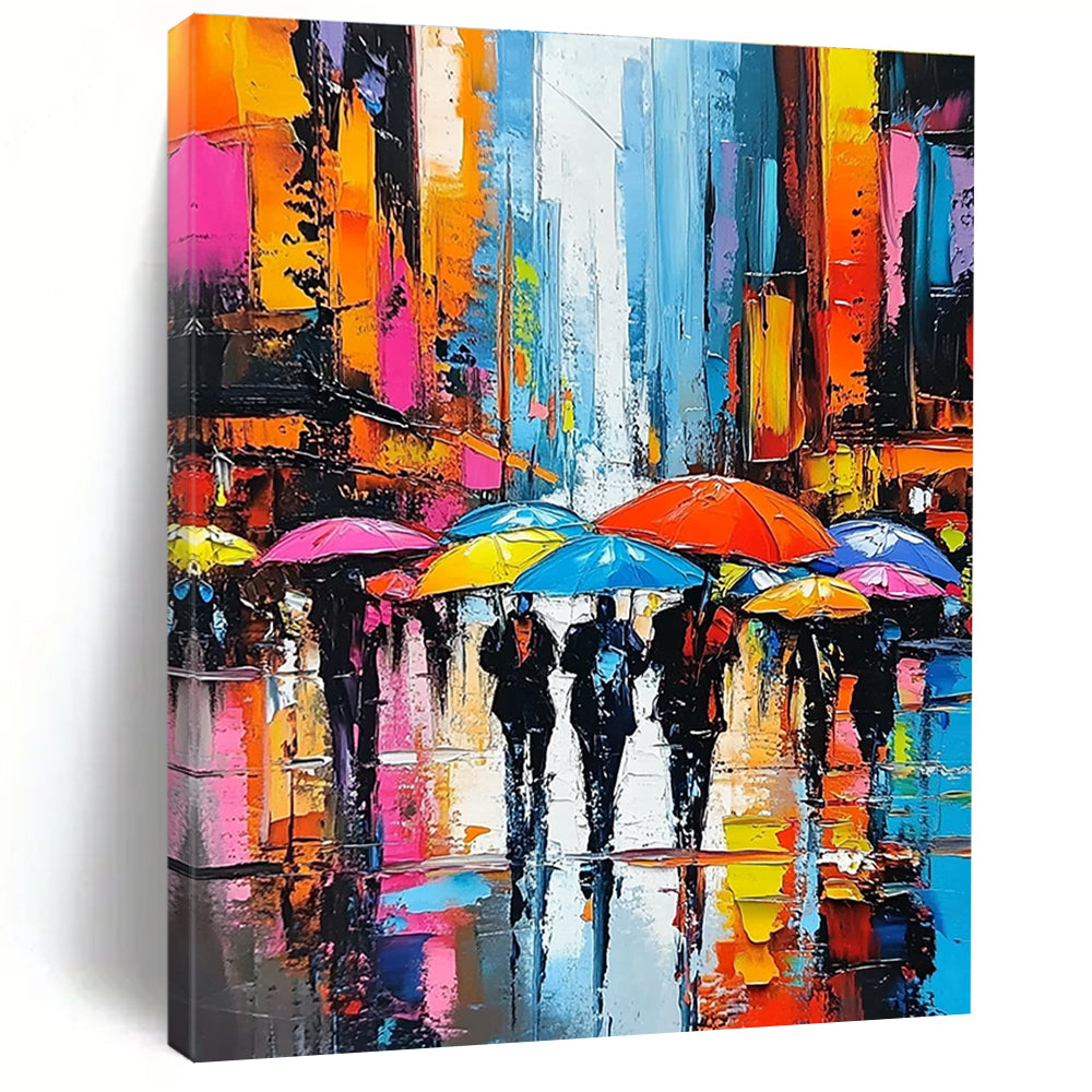 A large abstract painting showcasing vibrant city streets with people under colorful umbrellas and towering skyscrapers emphasizing expressive faces and dynamic brushstrokes.STSC850