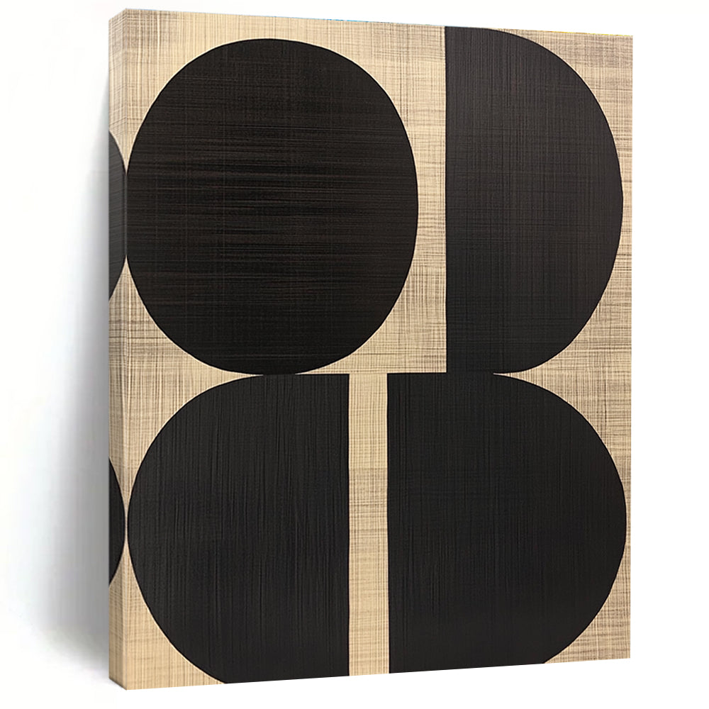 Black Oval Shapes Abstract Art on Textured Beige GER242