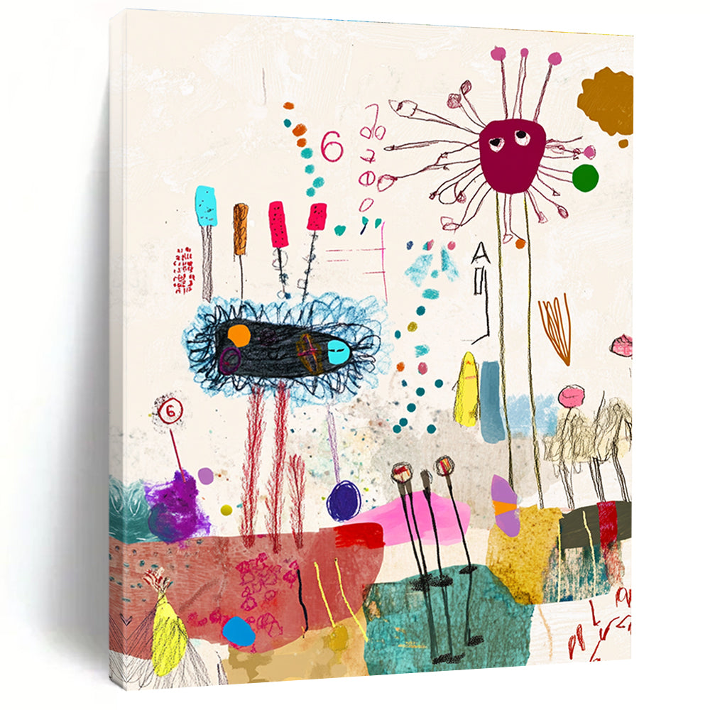 A large abstract painting featuring whimsical shapes and lines, soft pastels, and nature-inspired collages with a dynamic dancing group highlighted by the number six.STSC971