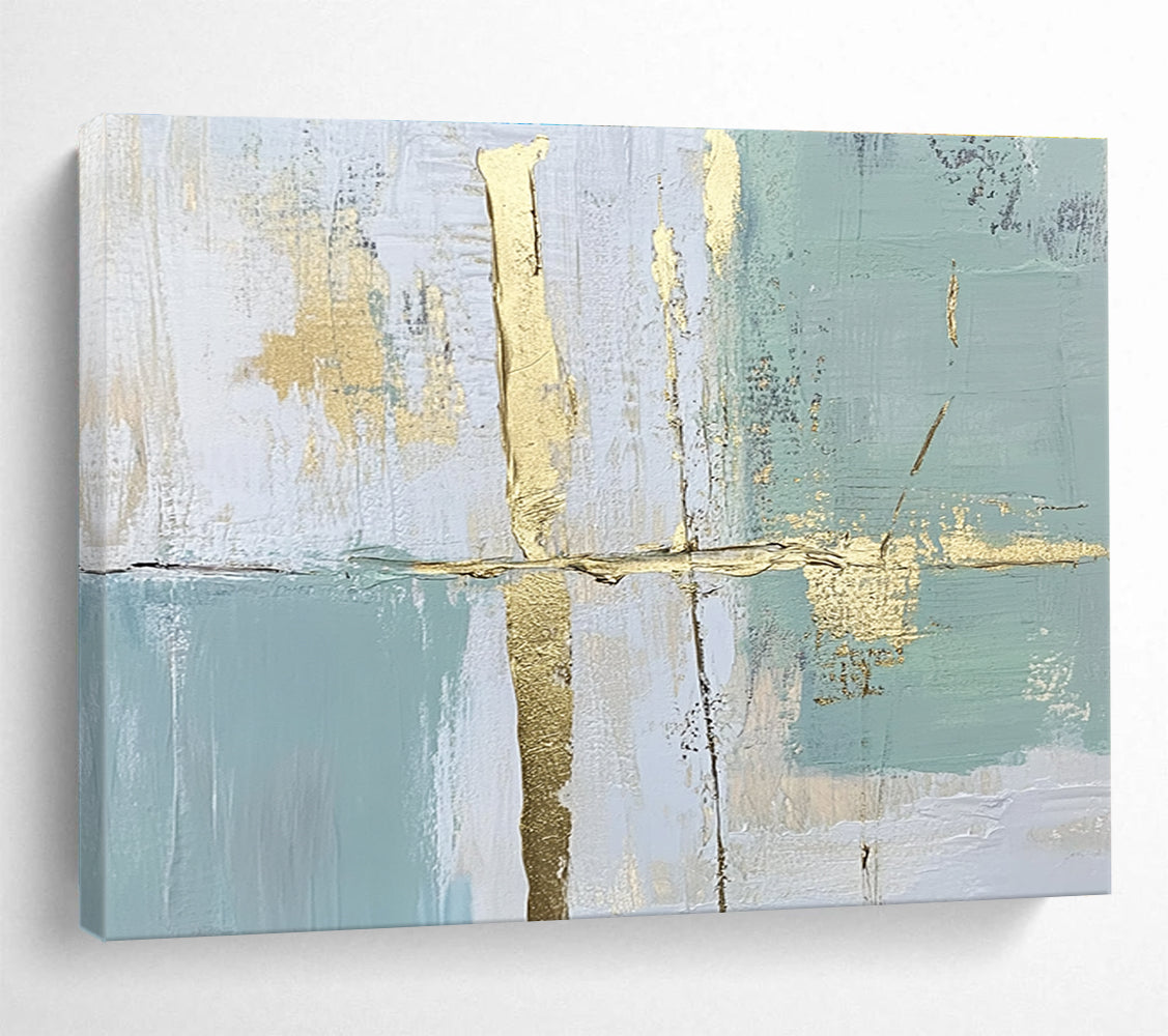 Large abstract painting with pale green and blue lines and shapes enhanced by gold foil accents for an elegant touch.SC326