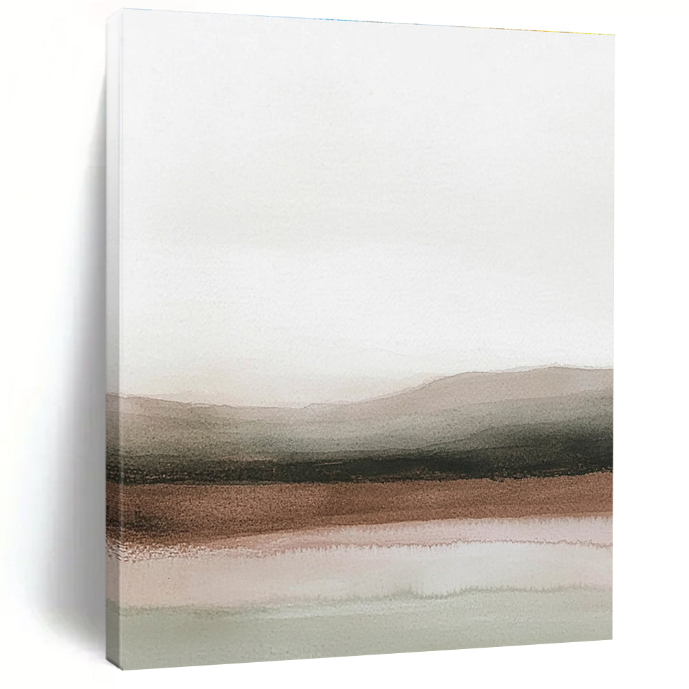 Abstract painting in pastel colors depicting a serene horizon with light gray skies and calm water, and brown desert landscapes blend.STSC1230