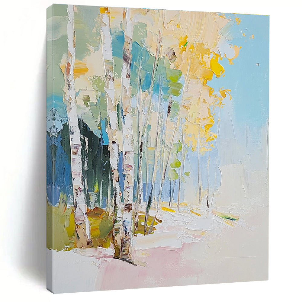 Large abstract oil painting of birch trees with a light blue sky white yellow leaves and white snow featuring impasto brushstrokes.STSC180