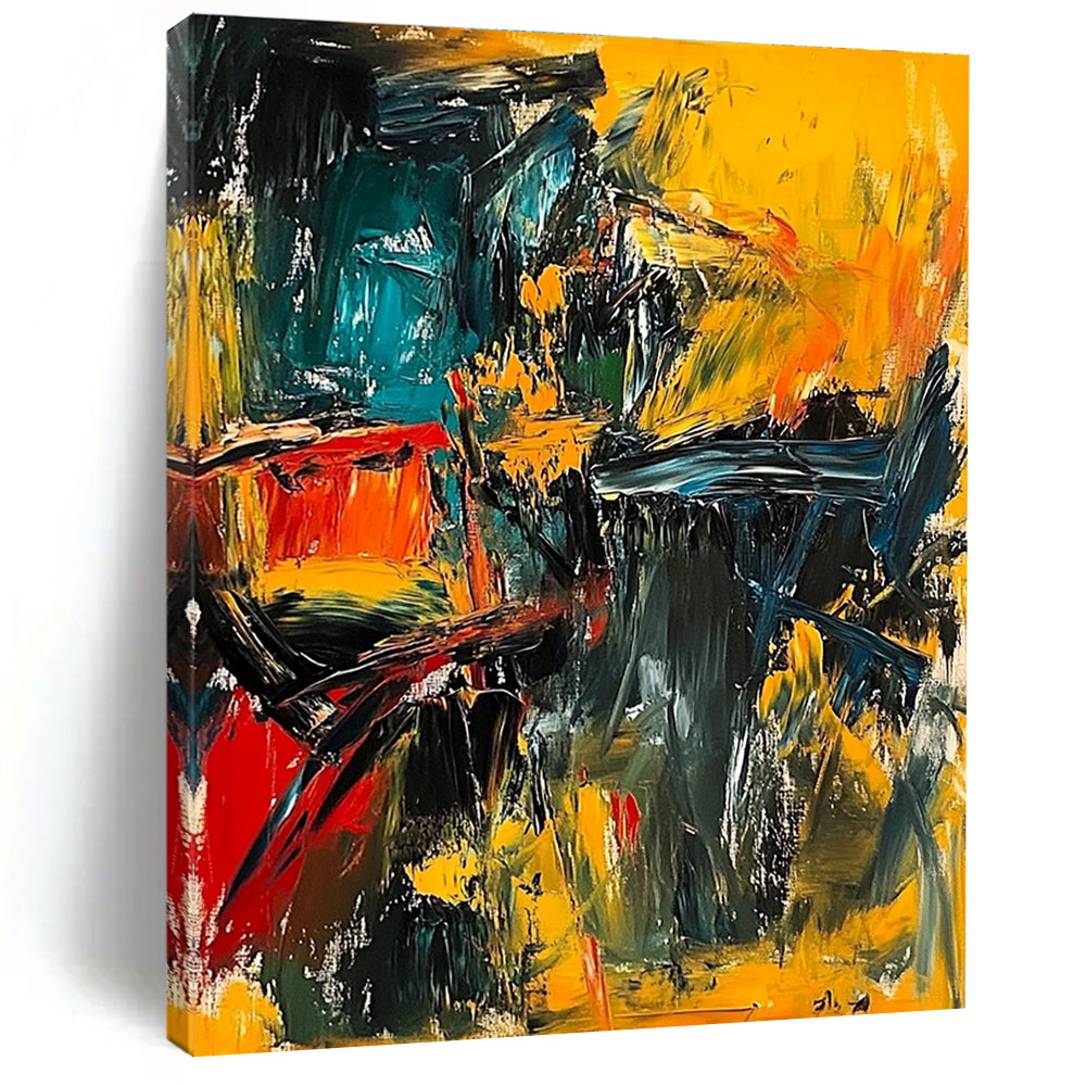 Large abstract painting depicting a dynamic war scene with bold strokes and vibrant colors conveying chaos and fear.STSC553