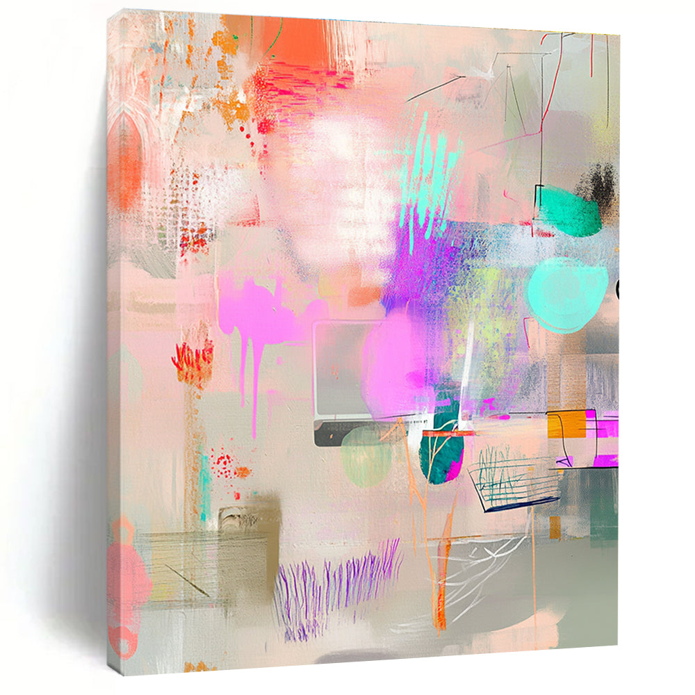 Large abstract painting featuring pastel colors and whimsical shapes on a light gray background ideal for creating a cheerful atmosphere in any space.STSC1025