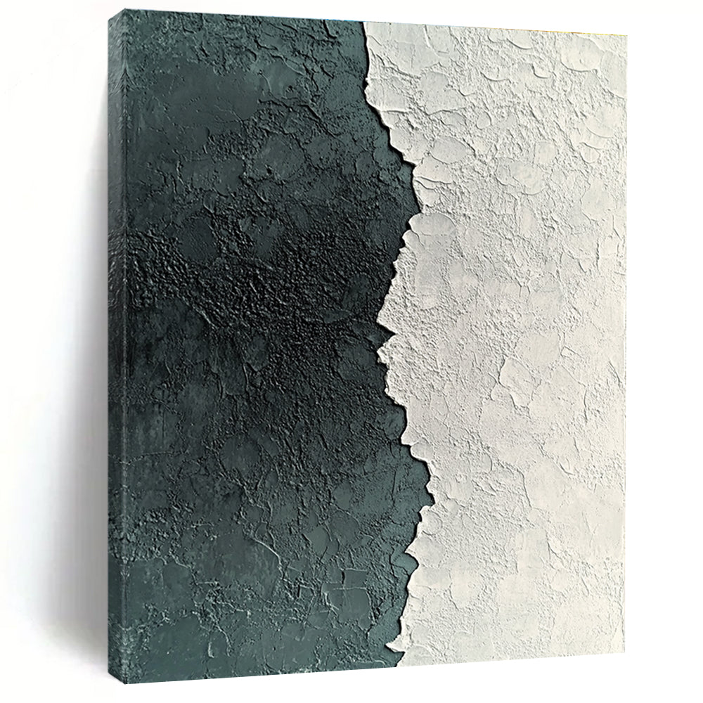 Large abstract painting of textured white and grey plaster with deep green accents showcasing detailed patterns and a captivating grainy finish.STSC836