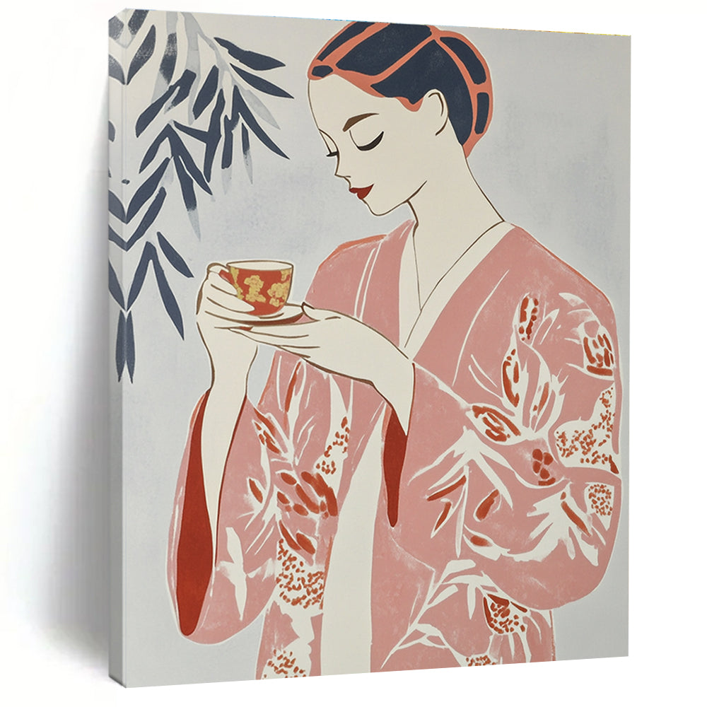 Large Abstract Artwork Featuring A Woman In A Floral Robe Relaxing With Tea Against A Light Grey Background In Risograph Gouache Style.STSC1314