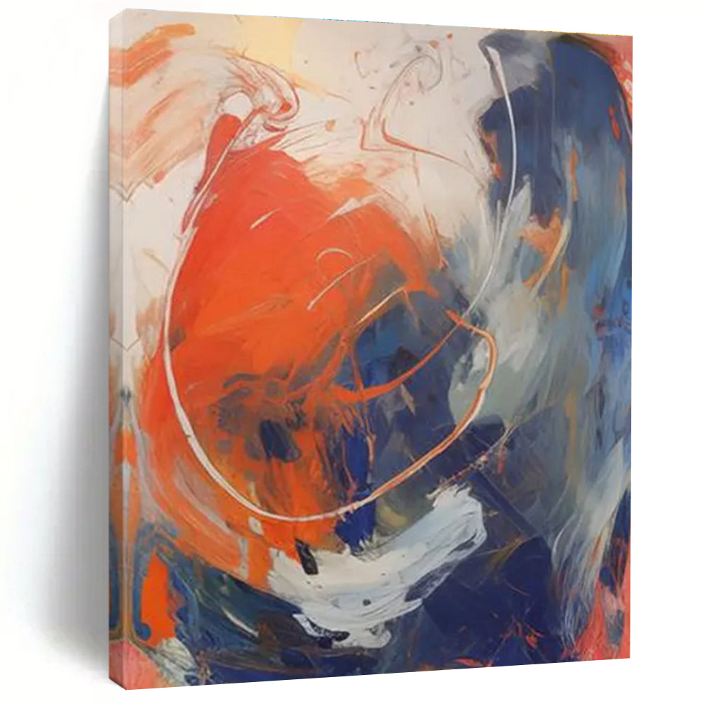 Dynamic Color Swirl Abstract Painting with Orange, Blue, and White ADGE133