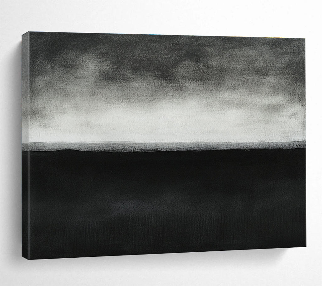 A large abstract painting featuring a dark gray horizon line with white accents, showcasing minimalism and serene elegance in high detail.SC500