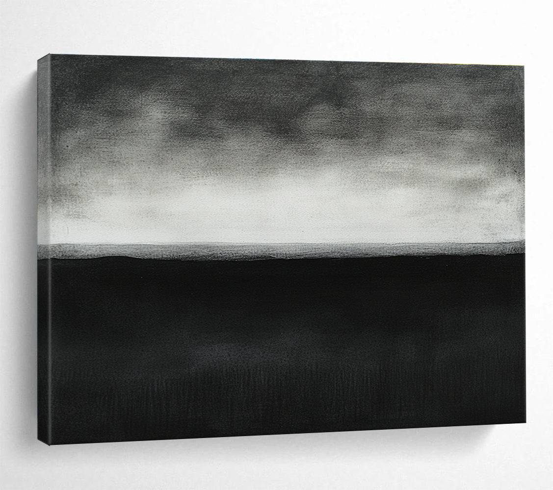 A large abstract painting featuring a dark gray horizon line with white accents, showcasing minimalism and serene elegance in high detail.SC500