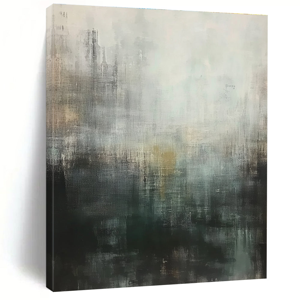 Large abstract painting featuring muted gray tones with hints of green and brown conveying a calm yet melancholic urban landscape.STSC604