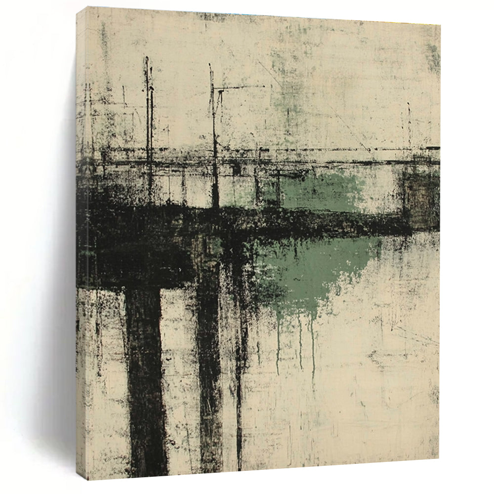 Large abstract painting of an old pier in neutral greens and grays capturing the essence of Kathryn Statsny's style.STSC658