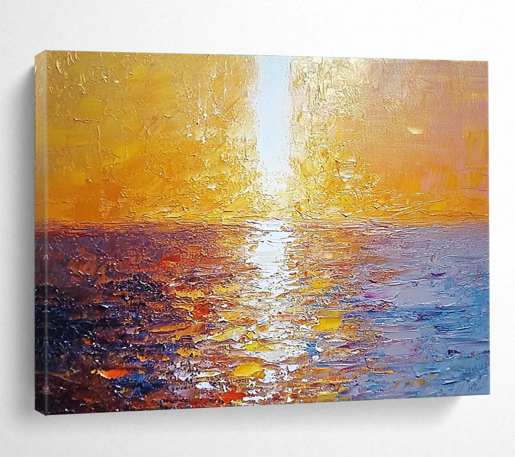 Large abstract painting of a golden sunset over the sea with a white beam illuminating the water surface from the top-left corner.SC111