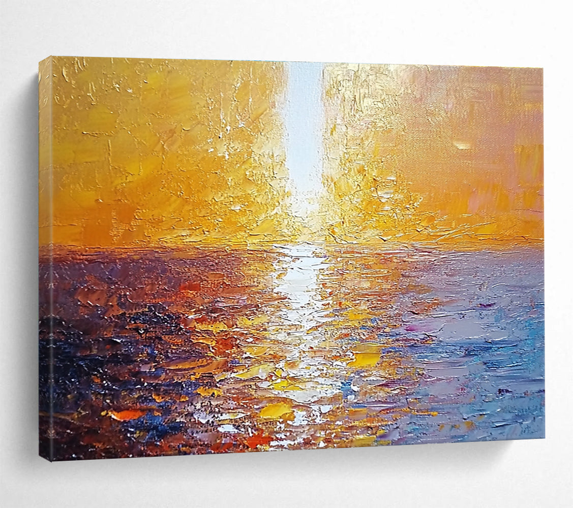 Large abstract painting of a golden sunset over the sea with a white beam illuminating the water surface from the top-left corner.SC111
