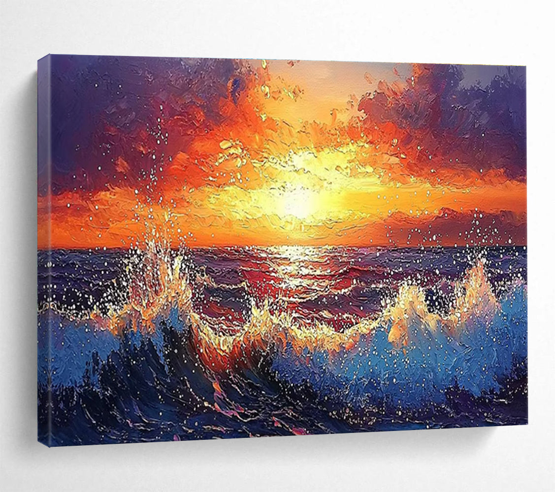 Sunset Sea Abstract Painting with Orange, Red, and Blue Tones THY165