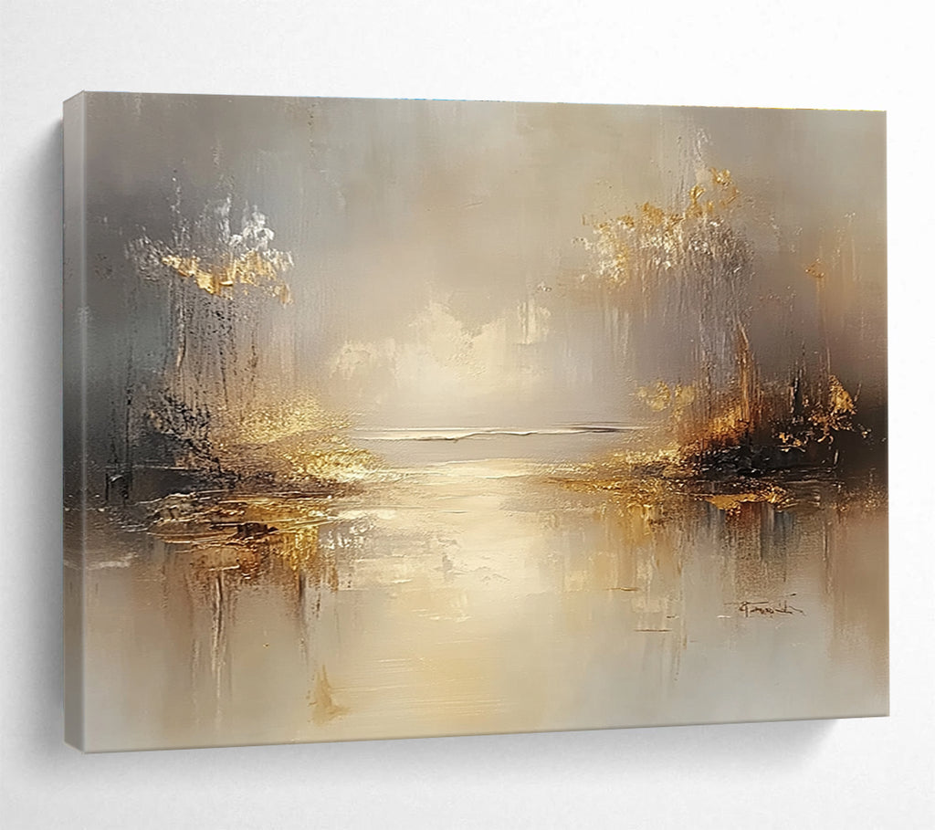 Golden Misty Landscape Abstract Painting with Reflective Elements DYP270