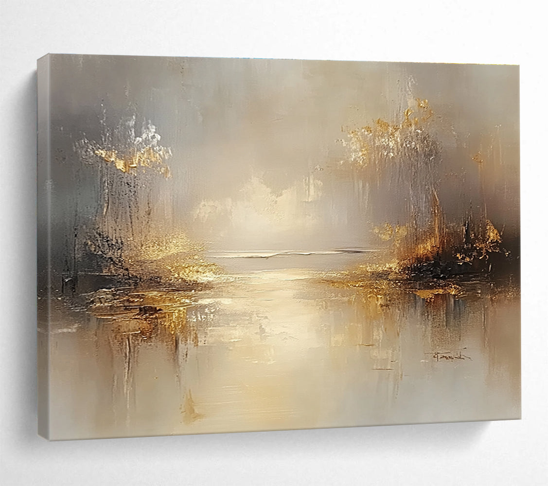 Golden Misty Landscape Abstract Painting with Reflective Elements DYP270