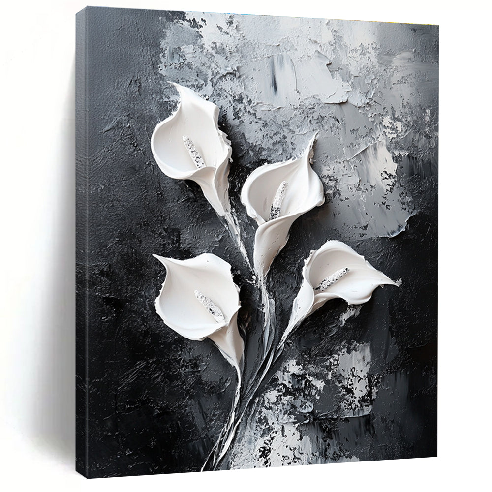 Abstract painting featuring white calla lilies on a black textured canvas with oil paint strokes in a modern minimalistic style.STSC509