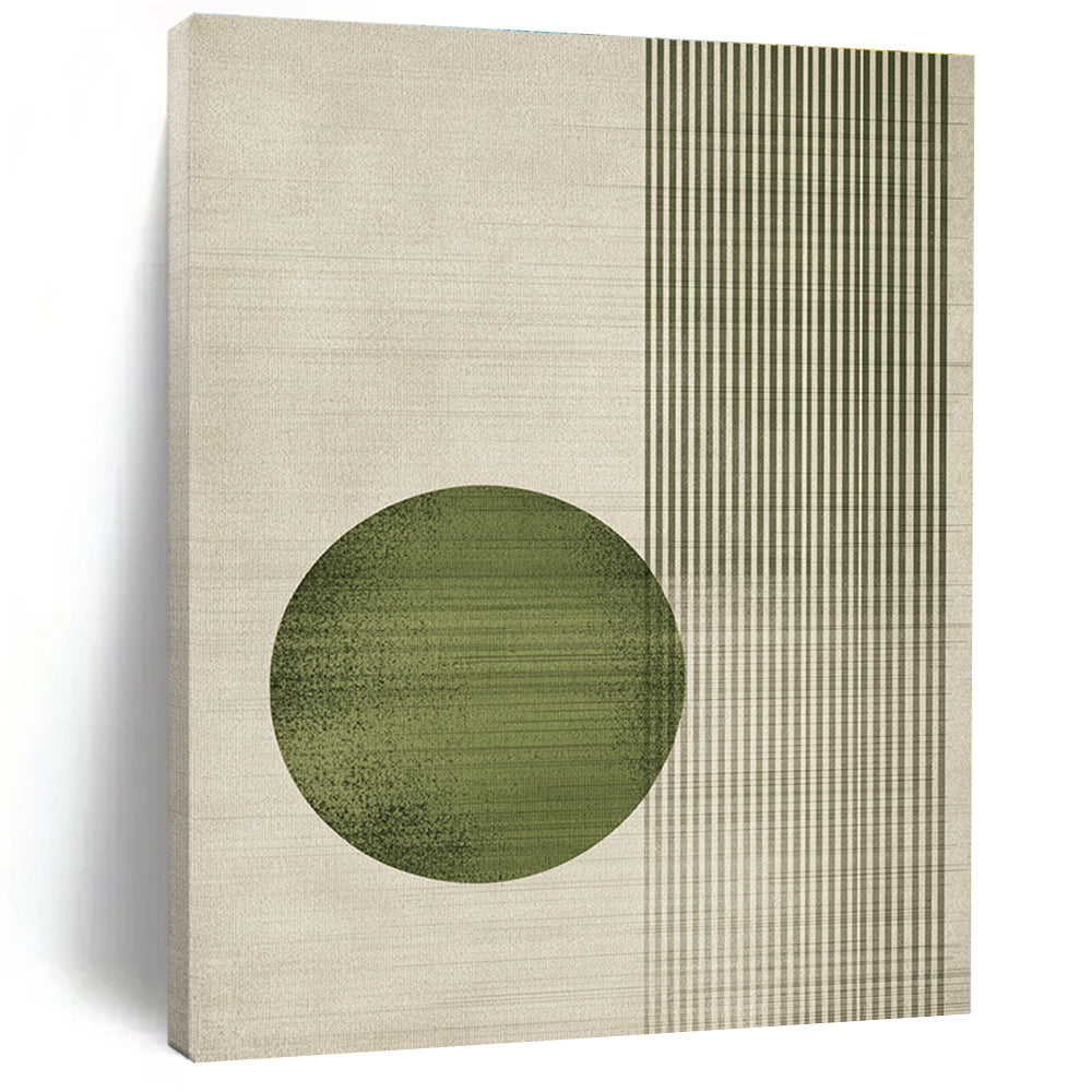 Large abstract painting featuring a round green circle and textured vertical lines in a light gray color scheme with natural earthy tones.STSC1328
