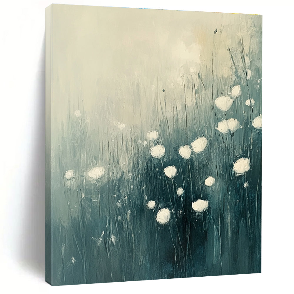 Large abstract oil painting of flowers in grass featuring white and light blue tones with muted colors, perfect for enhancing any space.STSC184