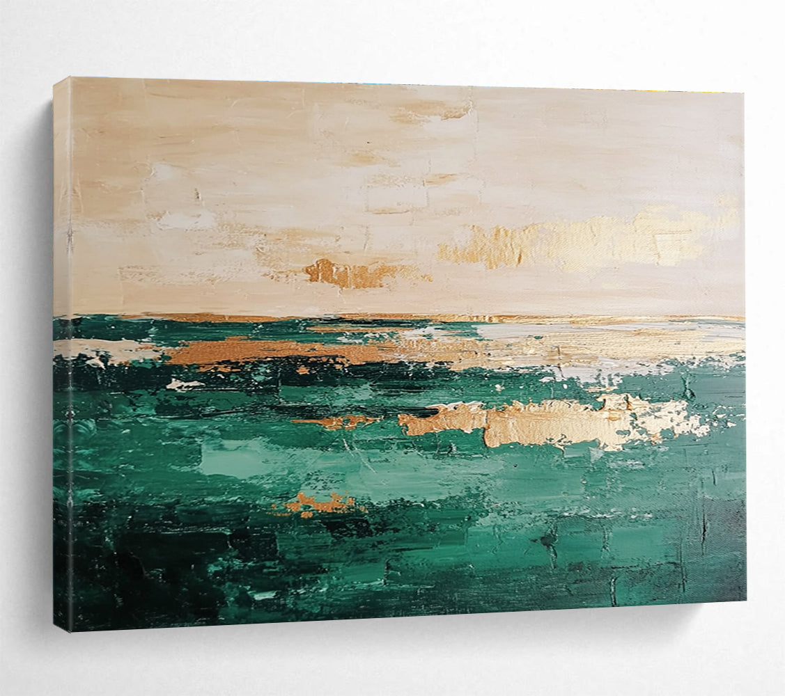 Large abstract oil painting of a serene green and beige sea with a clear horizon line perfect for modern decor.SC112