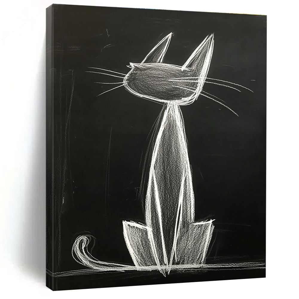 A large abstract artwork featuring an anthropomorphic cat with long ears sitting gracefully on its hind legs, captured in smooth chalk lines.STSC1184