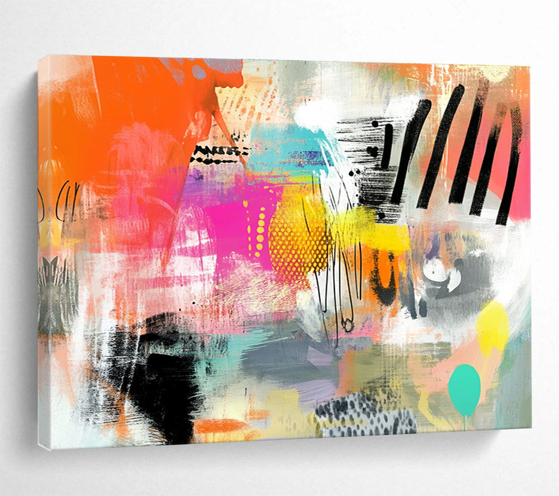 Large abstract painting featuring vibrant patterns and textures in orange pink teal yellow and black with a central blank space for customization.SC005