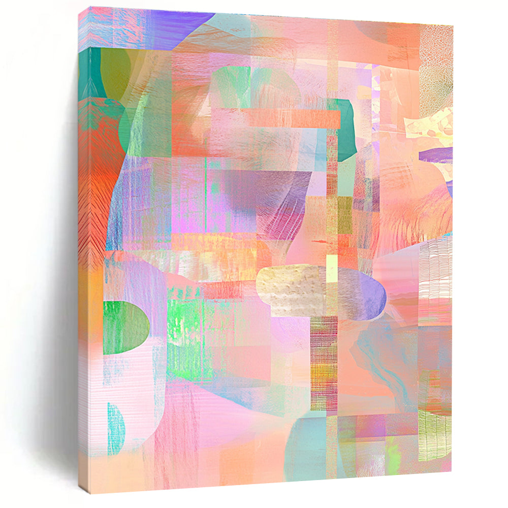Large abstract illustration featuring a collage of shapes and patterns in pastel pink green orange blue and purple tones.STSC561