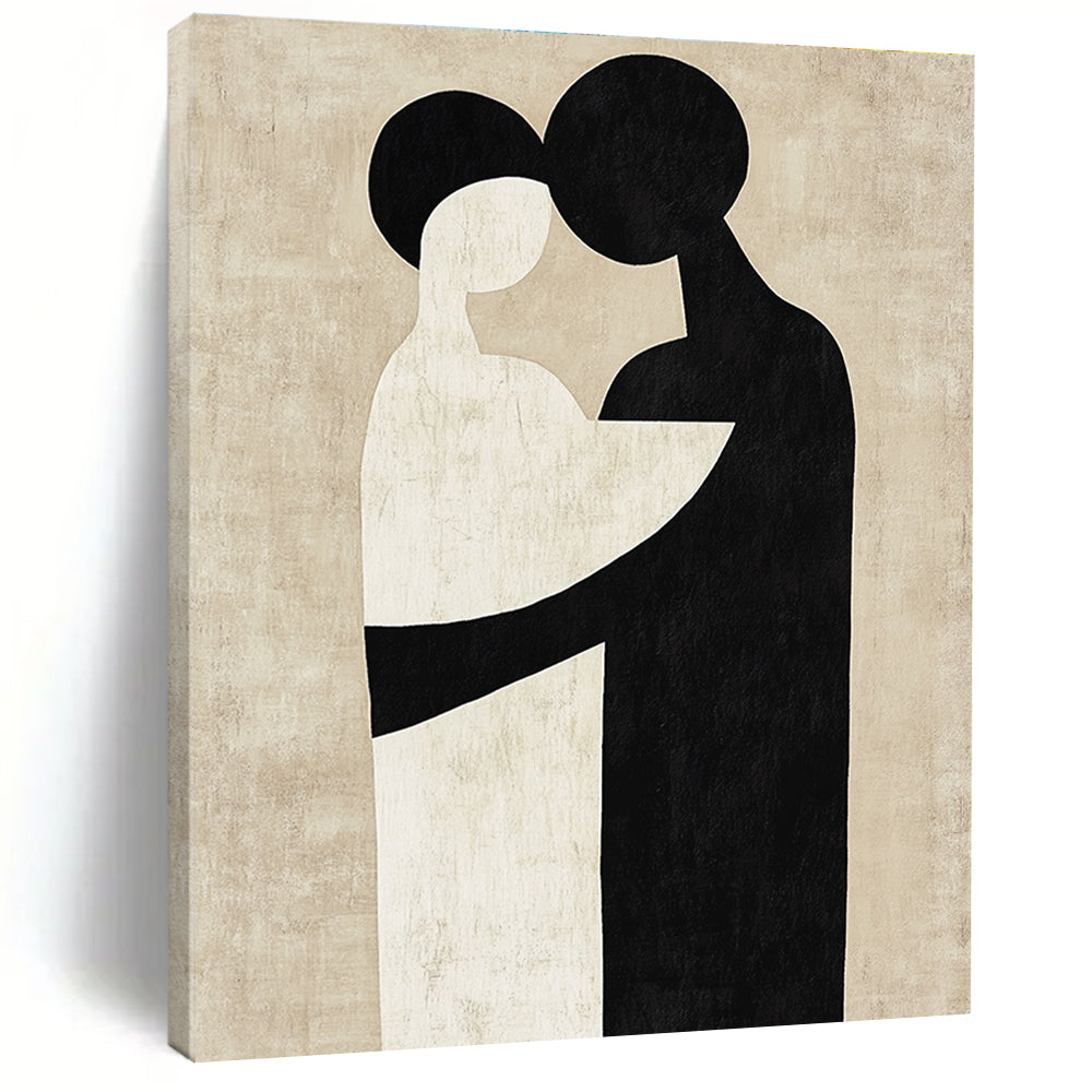 Large abstract artwork featuring black and white shapes that suggest an embrace against a neutral beige background in the style of Paul Klee.STSC473