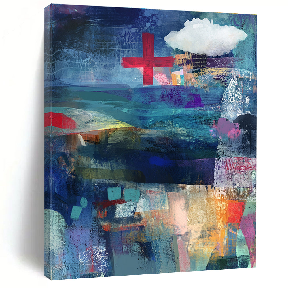 Abstract mixed media collage of the sea in blue and purple with a red cross and white cloud layered with fabric ribbons and watercolor splashes.STSC575