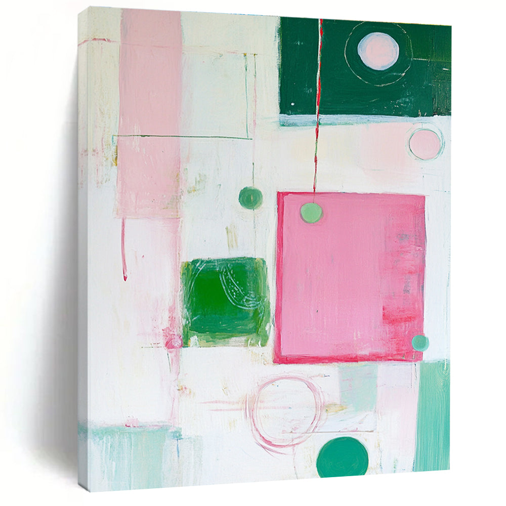 Pink Green Abstract Painting with Playful Forms GER518
