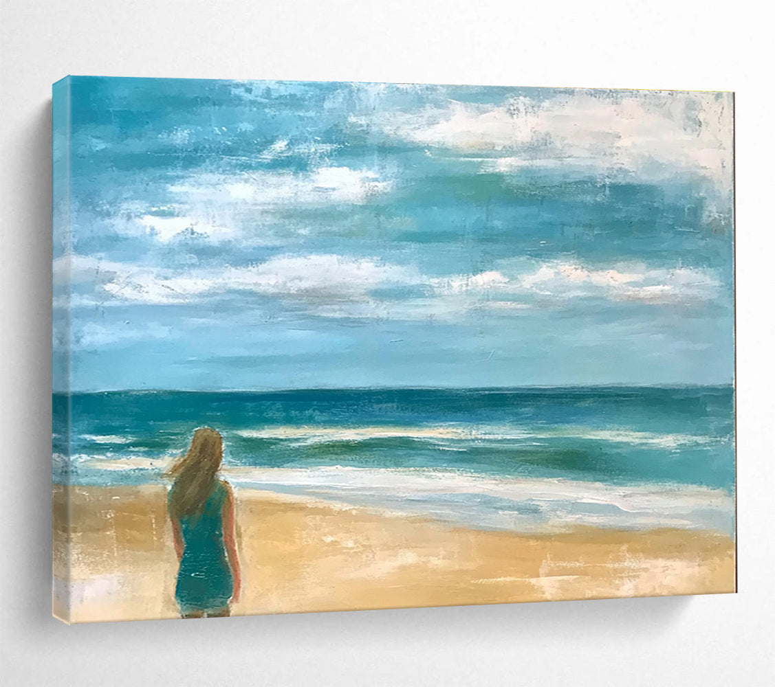 Woman by the Sea Abstract Painting with Blue and Beige Tones DYP520