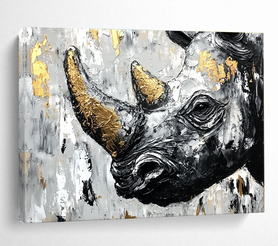 Abstract painting of an African rhinoceros in black and white with gold accents and textured strokes on a neutral background.SC151
