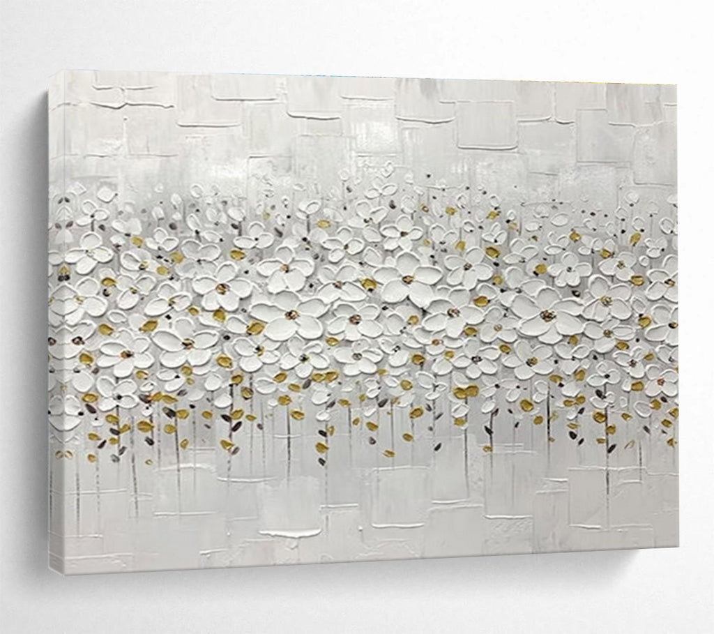 White Flower Field Abstract Painting with White, Gold, and Grey Tones THY214