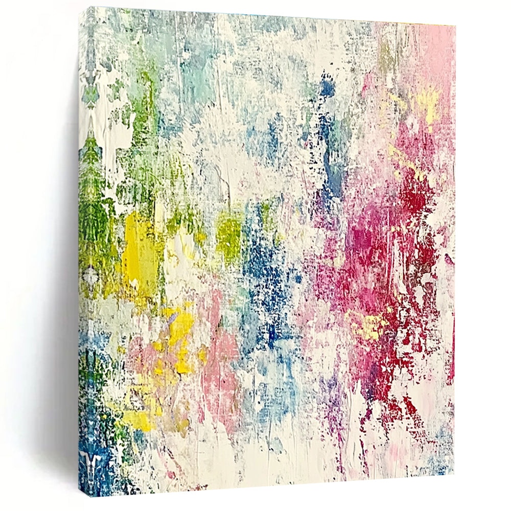 Large abstract painting with pastel colors featuring expressive brushstrokes and fine lines, creating a dynamic sense of movement and depth.STSC581