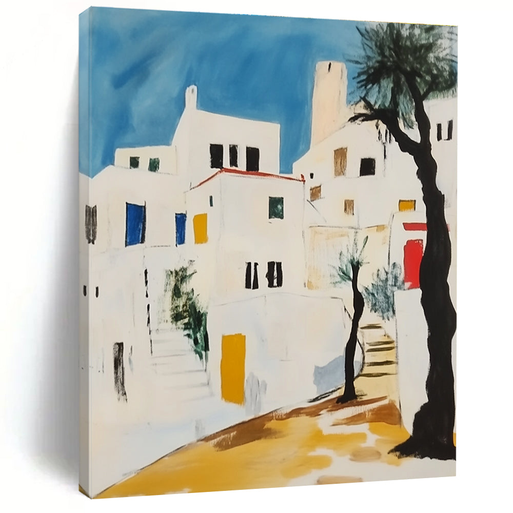 Abstract painting featuring white Greek buildings with black lines yellow accents and red elements against a light blue sky with greenery and a lone tree.STSC1106