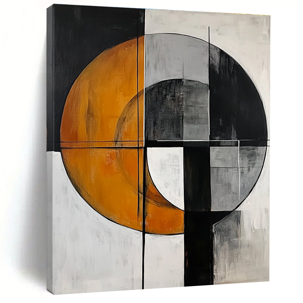 Abstract painting featuring a gray circle and orange half-moon with harmonious colors and geometric shapes in a minimalistic composition.STSC208