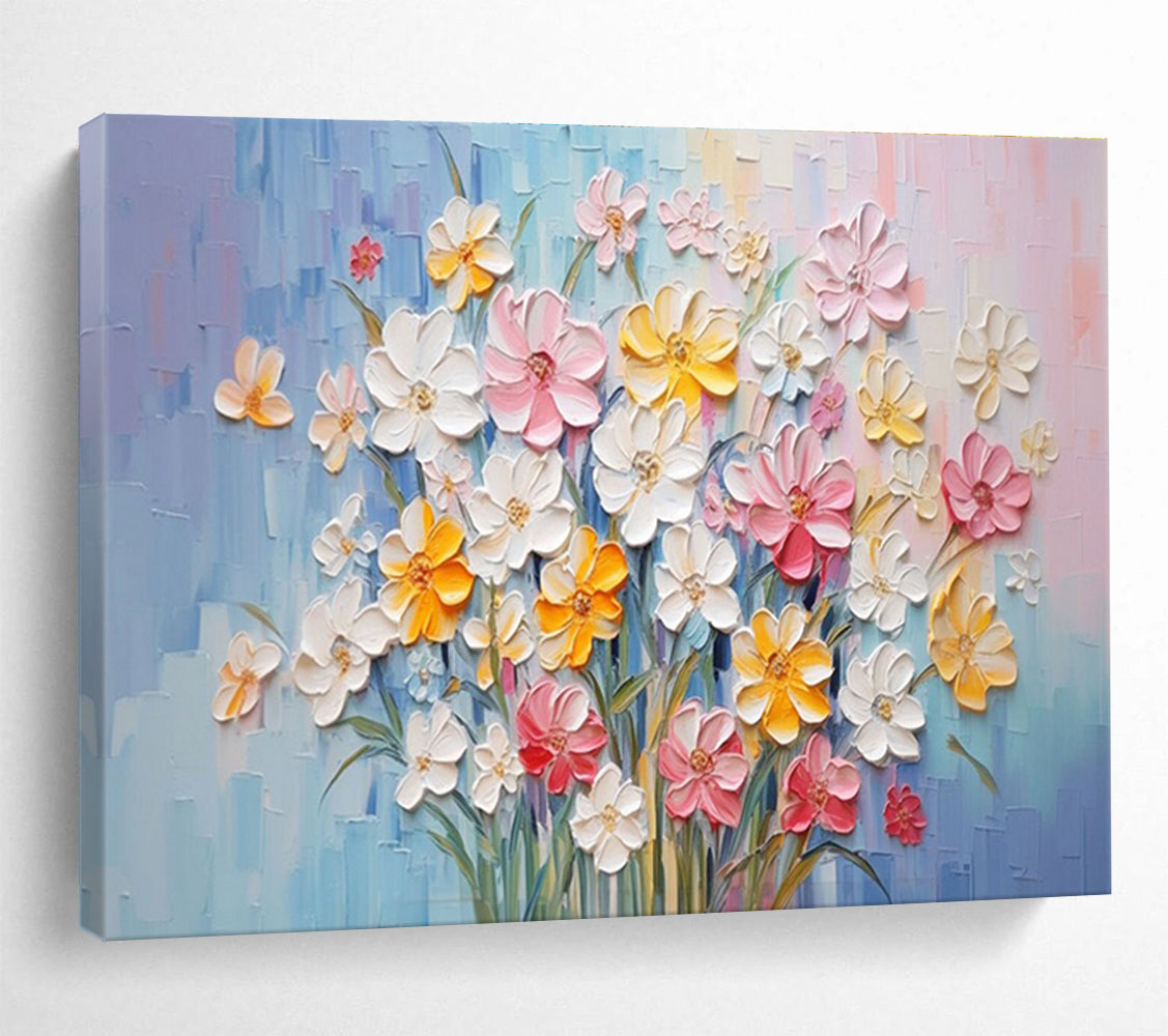 Textured Flower Bouquet Abstract Painting with Pink, Yellow, and White Tones THY210