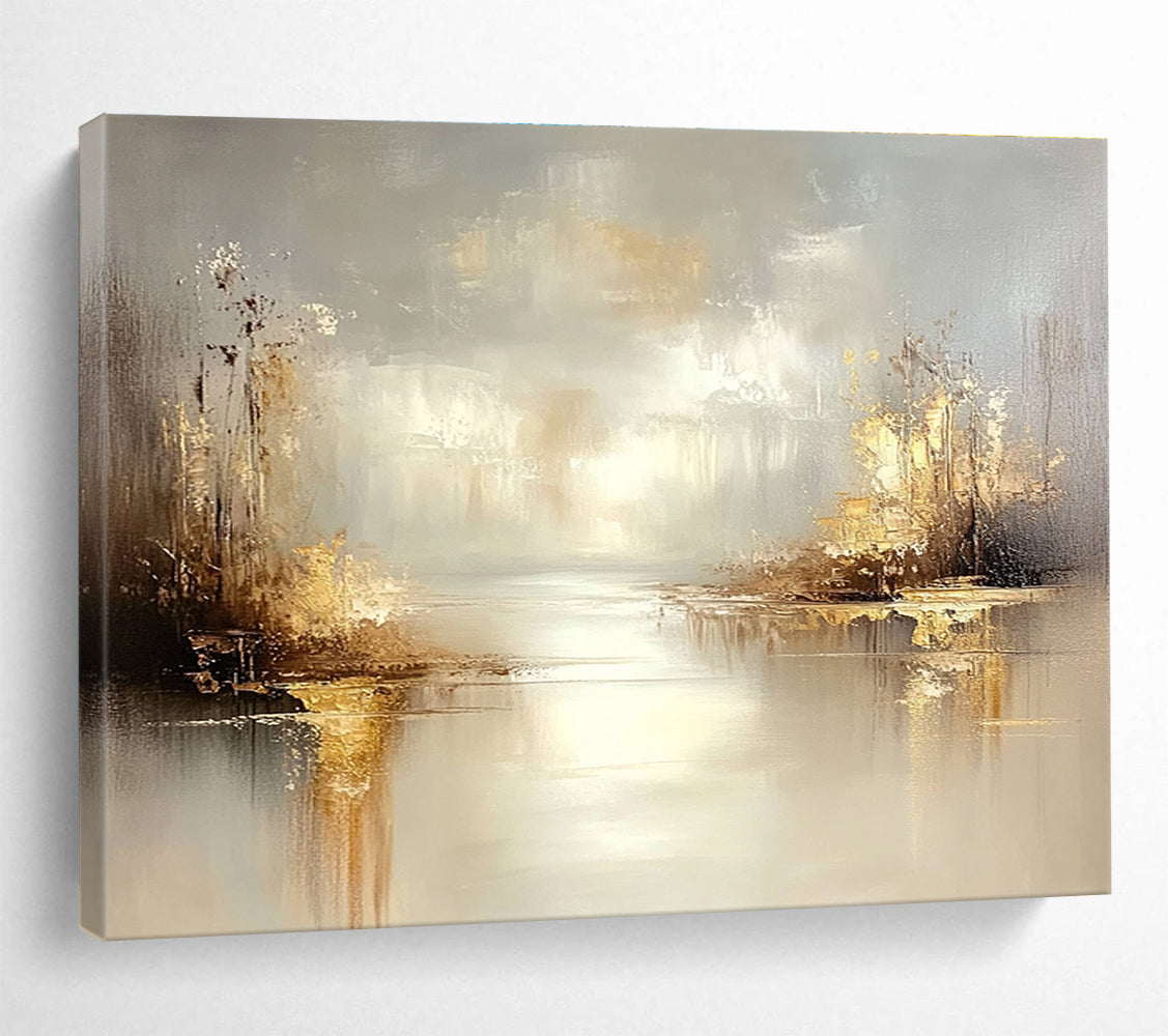 Large abstract oil painting of a misty lake featuring grey and beige tones with stunning gold accents for a serene ambiance.SC117