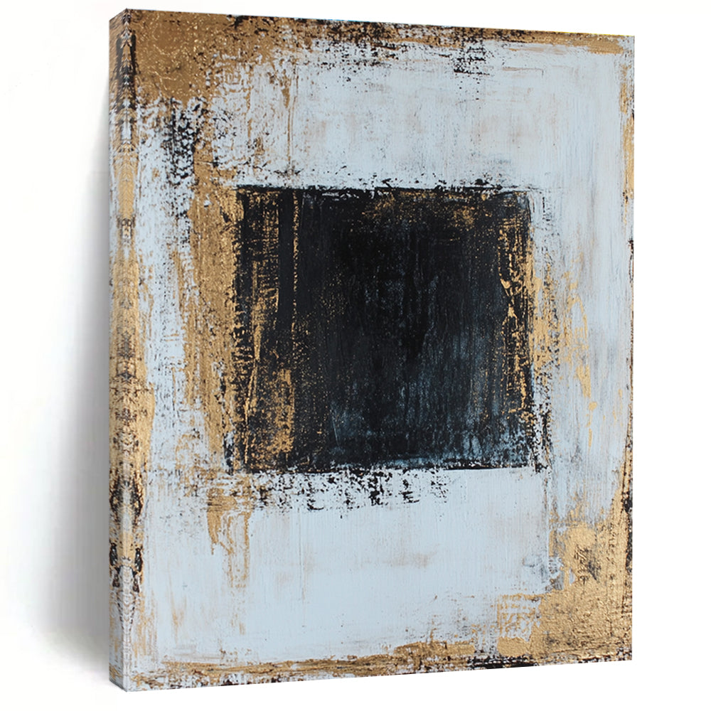 Large abstract painting in white and gold with textured canvas dark blue center perfect composition and golden ratio details.STSC382