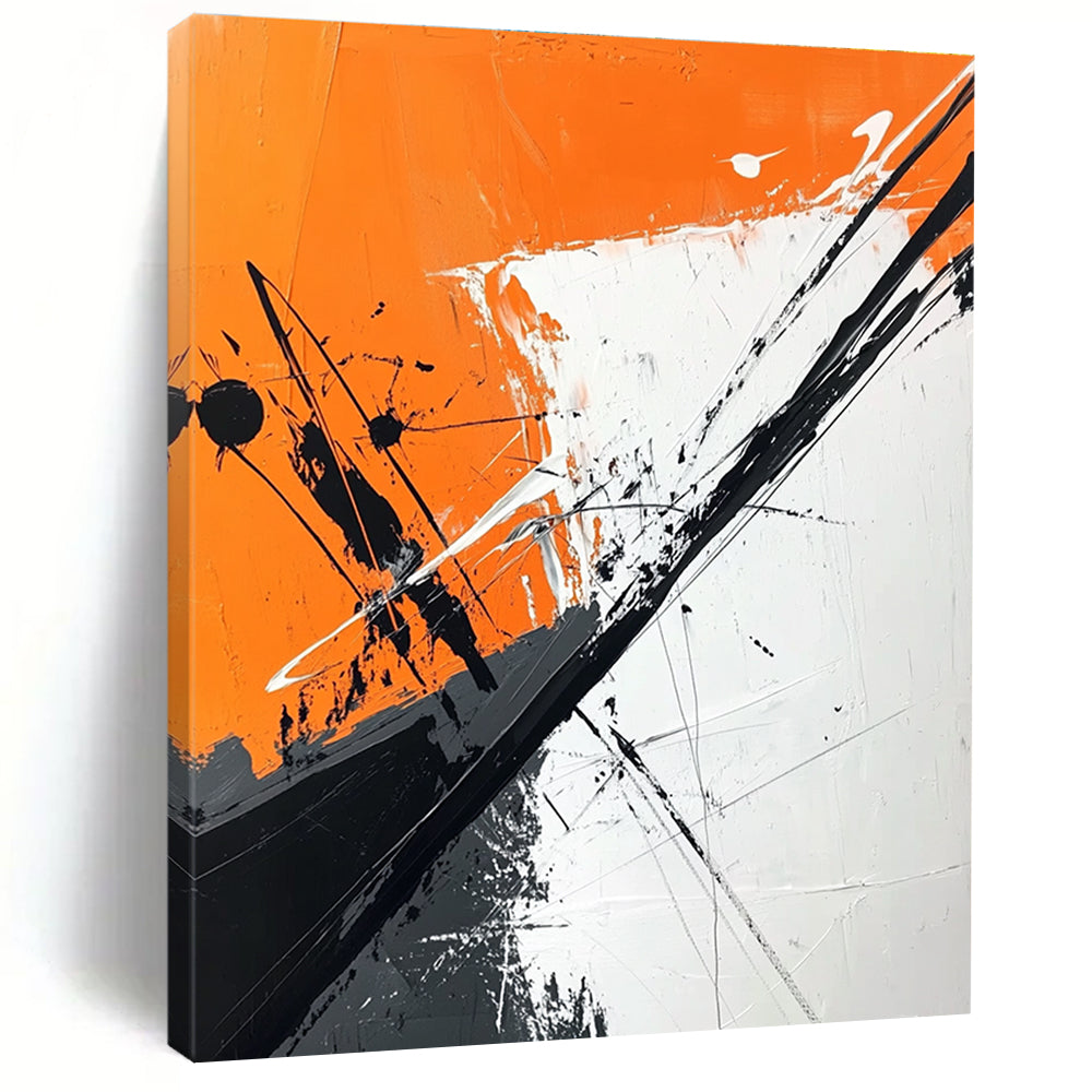 Large abstract painting features orange and white background with black brush strokes and dark gray diagonal line adding depth and artistic flair.STSC1118