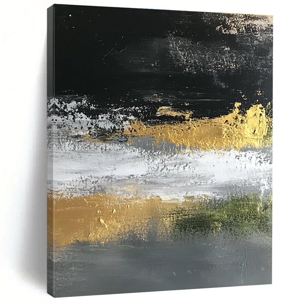 Gold Accented Abstract Painting on Black Gray and White GER248