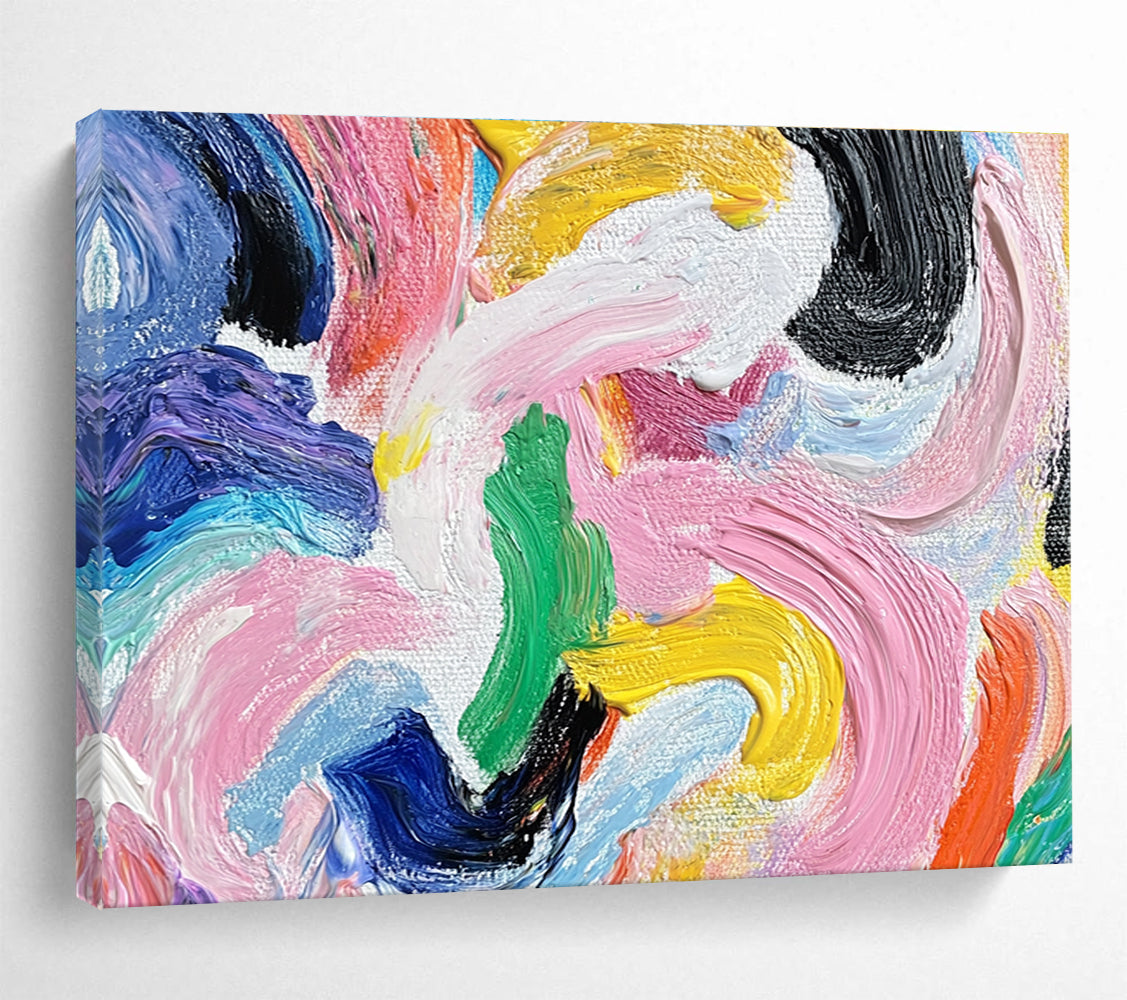 A large abstract painting with vibrant swirls of color and bold shapes, featuring a graceful silhouette of a woman with a high ponytail.SC436