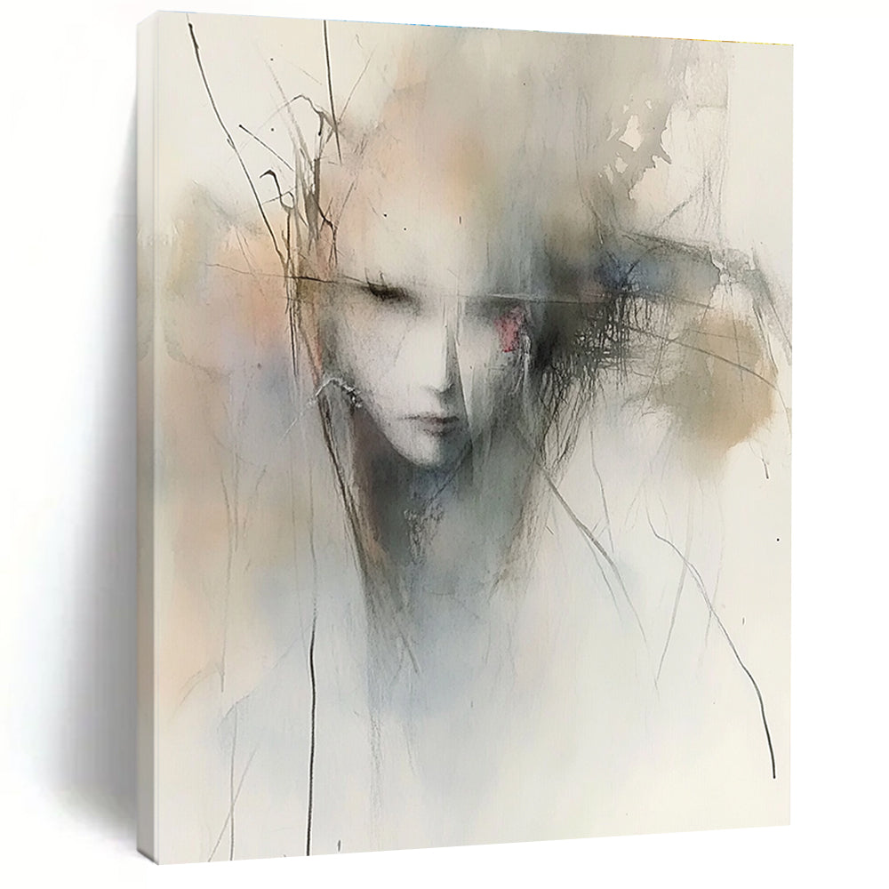 Large abstract watercolor painting featuring atmospheric muted tones and emotional gestures inspired by Peter Wileman and Cecily Brown.STSC840