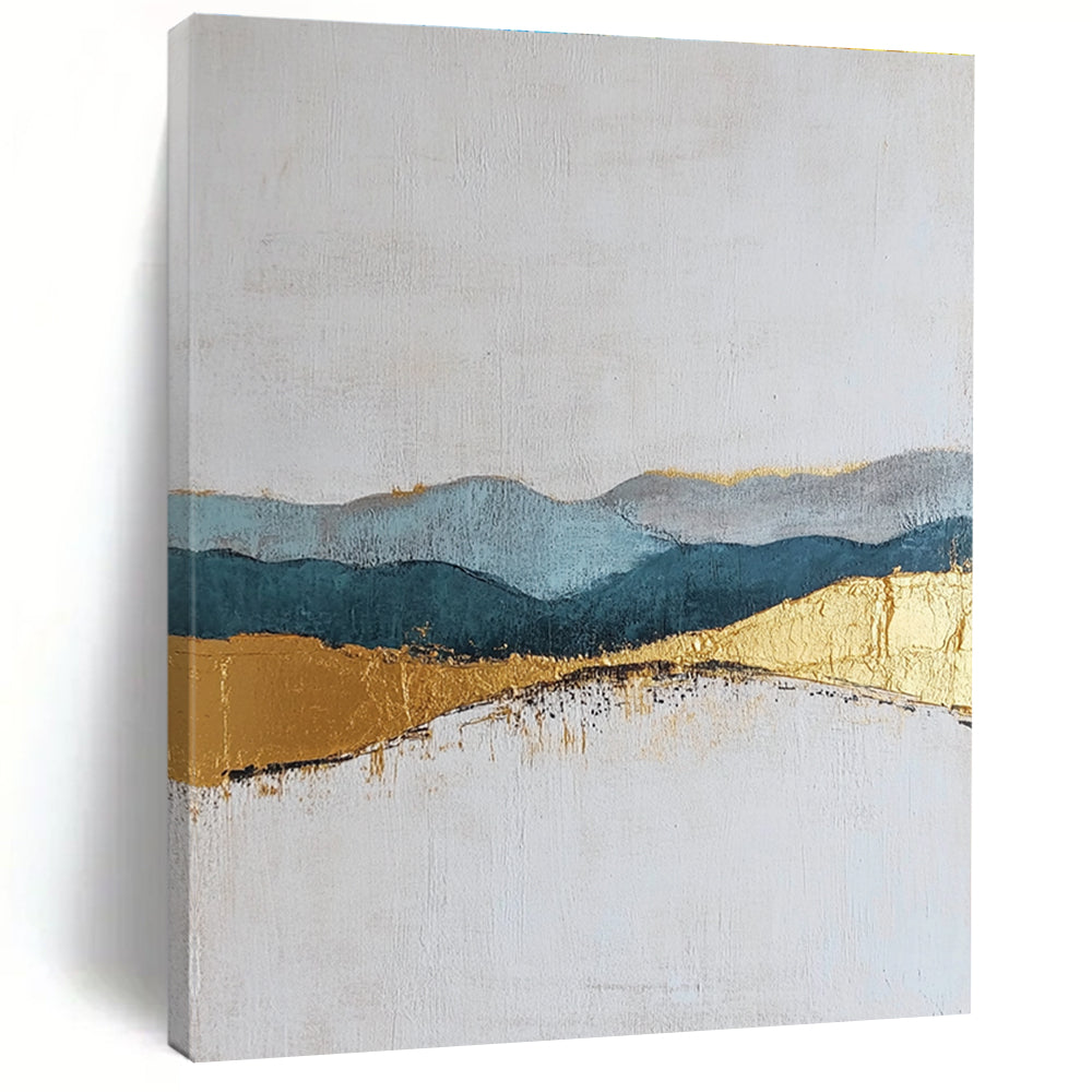 Large abstract painting featuring textured layers in neutral colors with elegant gold and blue accents for a sophisticated decor.STSC110