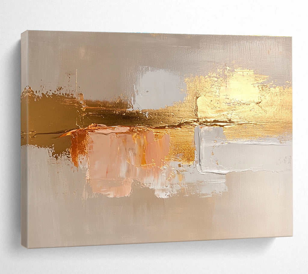 Large abstract painting in beige and gold, featuring soft brush strokes and textured canvas for a serene and elegant atmosphere.SC218