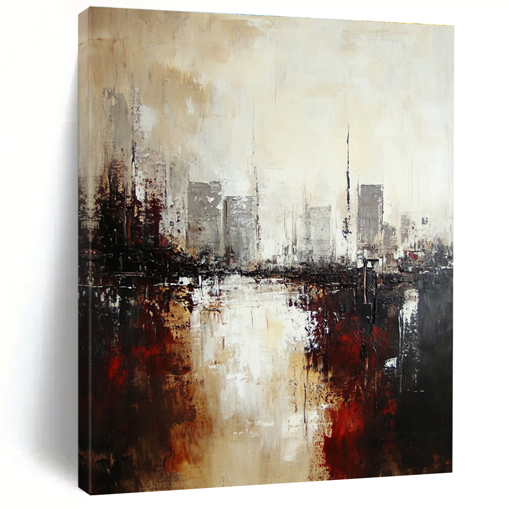 Large abstract oil painting of an industrial cityscape featuring neutral tones with brown and gray accents for an atmospheric effect.STSC148