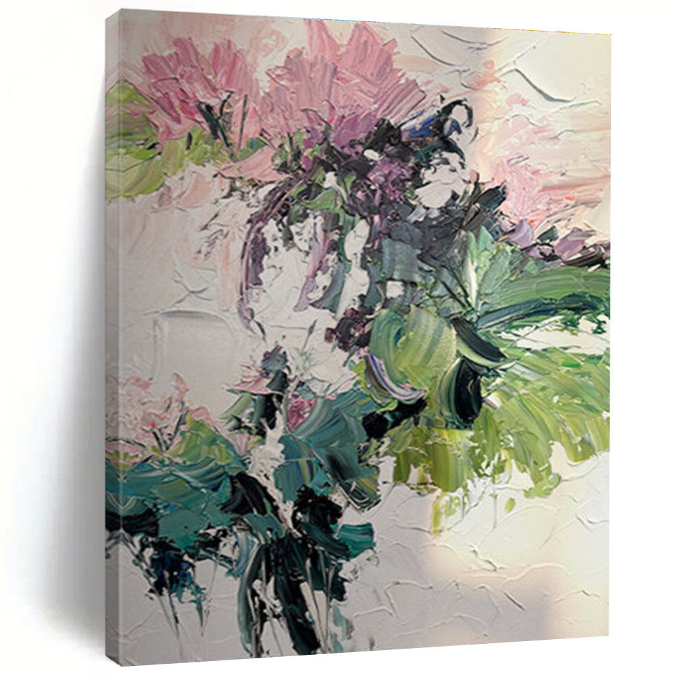 Pink Flower Abstract Oil Painting with Green Accents ADGE271