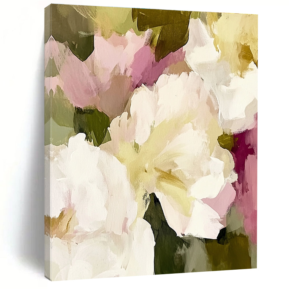 Large abstract painting featuring soft pinks whites and cream colors with loose brushstrokes of white peonies cream roses and sage green foliage.STSC055
