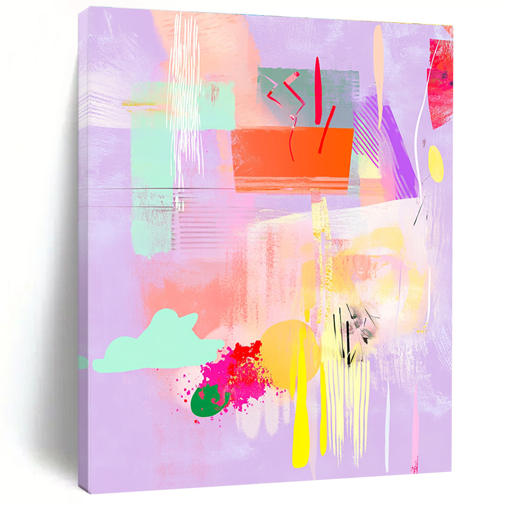 Large abstract painting featuring pastel shapes and textures with clouds flowers and musical notes on a light purple background adding depth and spaciousness.STSC546